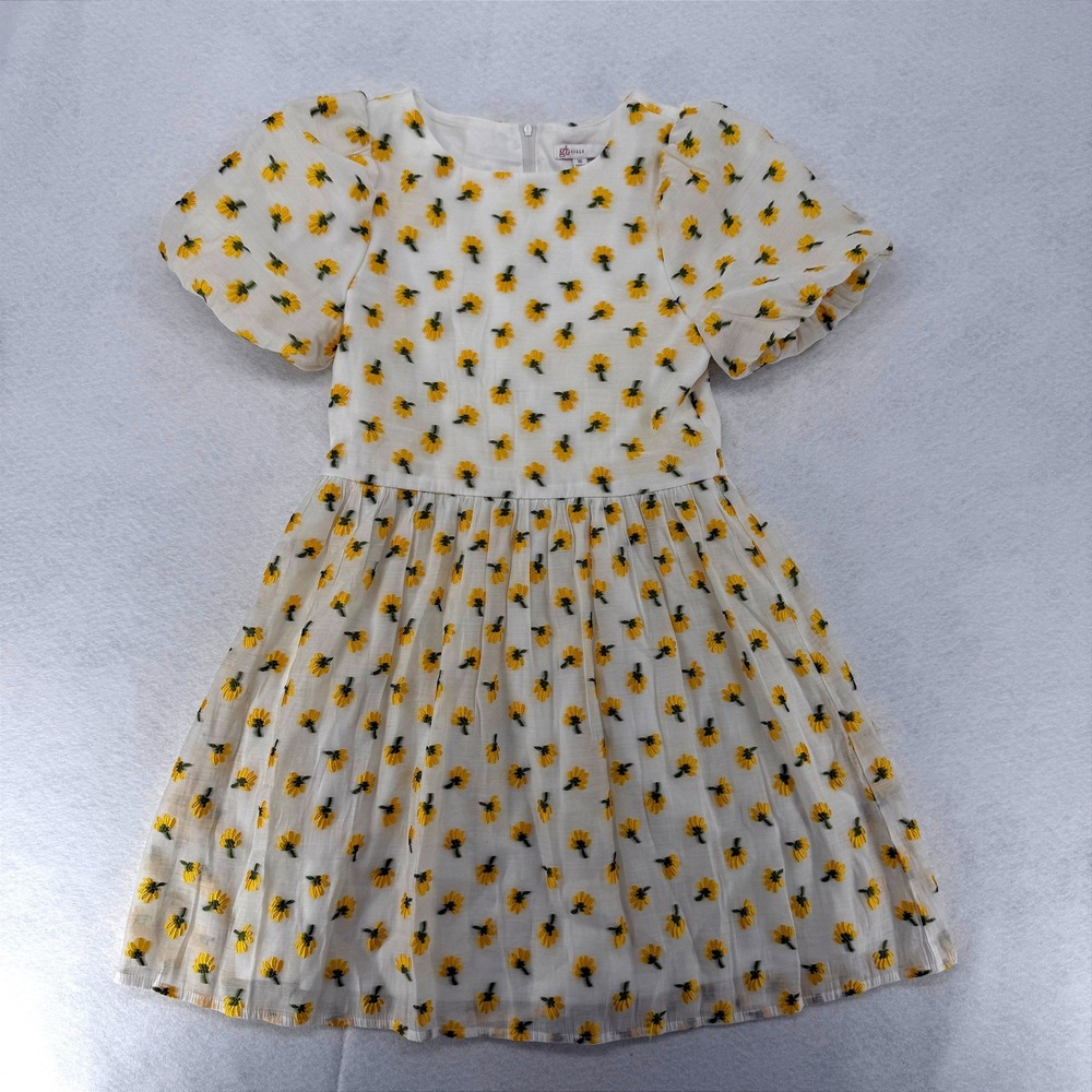 GB Girls White Yellow Floral Embroidered Puff Sleeve Dress Size 16 GD8685EOD
